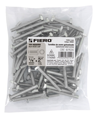 Tornillo Tipo Maquina 1/4 X 2´ Hexagonal Metal 60pz 44561