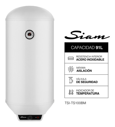 Termotanque Eléctrico Siam 100 Lts 1700 W Conexión De Agua Inferior Temperatura Ajustable