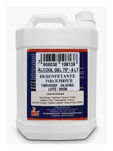 Imagem 3 de 5 de Álcool Antisséptico 70% Em Gel Galão 5 Litros Com Hidratante