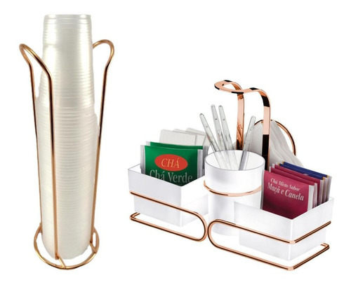 Kit Porta Guardanapos Sachês Chá Suporte Copos Aço Rose Gold