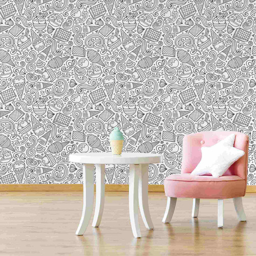 Imagem 2 de 4 de Papel De Parede Branco E Preto Para Colorir Sorvete 57x270cm