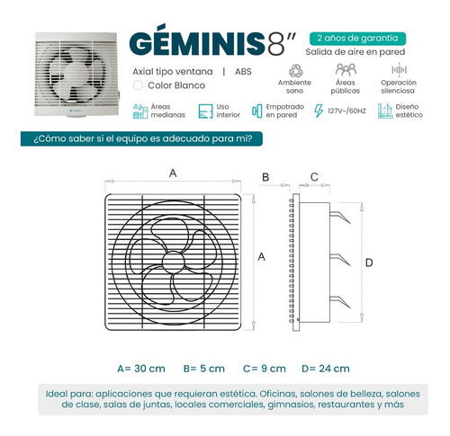 Imagen 4 de 9 de Extractor De Aire 8 Pulgadas Blanco Masterfan Geminis8