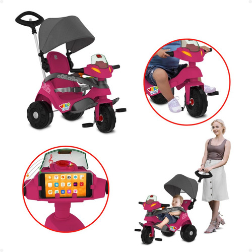 Velobaby Reclinavel Com Capota Triciclo Bandeirantes Rosa