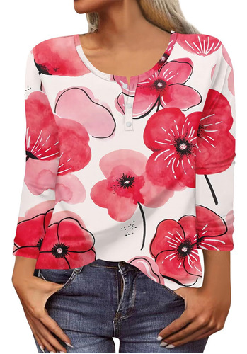 Camisa Para Mujer Cuello Redondo Manga Larga Estampado Boton