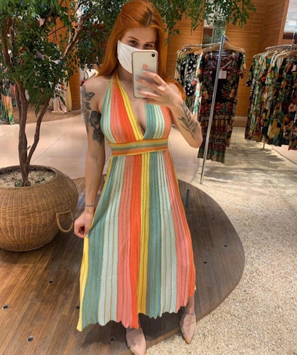 Vestido Farm Colorido Frente Única Com Brilho Lurex