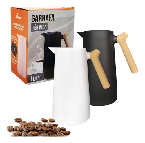 Garrafa Térmica Café Chá 1 Litro Nórdica Com Cabo Madeira Cor Branca