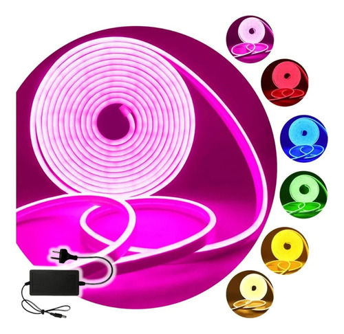Kit Manguera Luz Neon 5 Mts + Fuente + Ficha Exterior Interior Resiste Al Agua Luminoso Flexible Levys Bazar Rosa