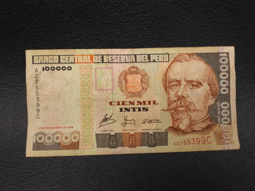 Makuka: Antiguo Billete Peru 100000 Intis Al Azhar Bol29 Mnn