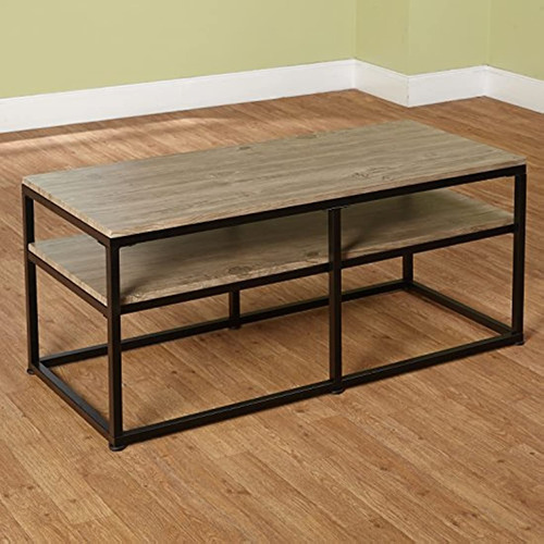 Mesa De Centro Con Estante De Metal Negro Y Madera Marrón.