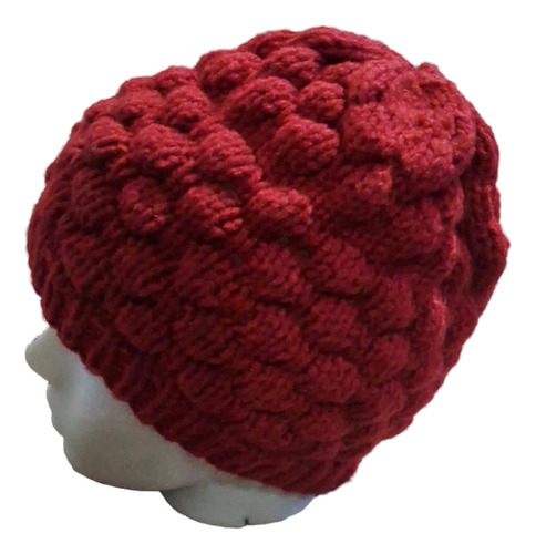 Gorro De Lana Tejido A Mano - Artesanal Bordó Unico Punto Burbuja