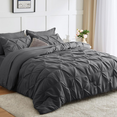Edredón Queen Gris Oscuro 7 Piezas Ropa Cama Pliegues Estaci