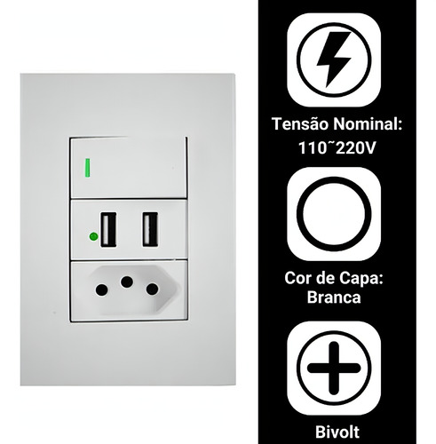 Tomada De Parede 10a Com 2 Entradas Usb Bivolt Para Casa Cor Branco