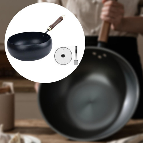 . Olla De Hierro Wok Con Fondo Redondo, Cubierta De Madera