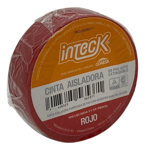 Cinta Aisladora Inteck Pvc Autoextinguible 10 Metros X 19mm Color Rojo Liso