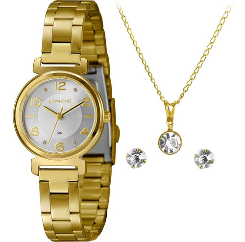 Relógio Lince Feminino Dourado Casual Com Colar E Brincos Cor do fundo Prateado