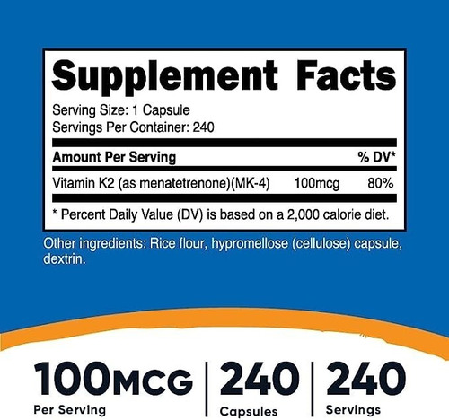 Original Nutricost K2 Mk-4 100 Mcg, 240 Cap, 240 Ser, Mk4