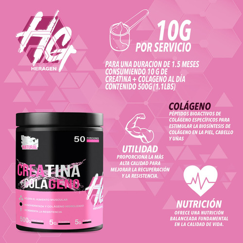 Suplemento Monohidratada Creatina + Colágeno Heragen 500g Natural-