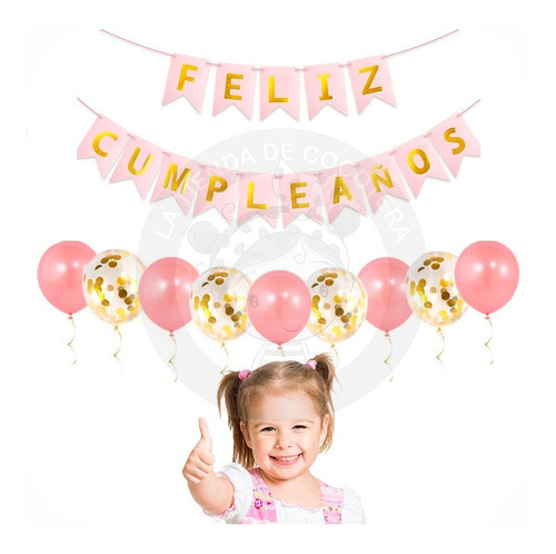 10 Globos Latex Perlado Rosa + Banderin Feliz Cumple Pastel