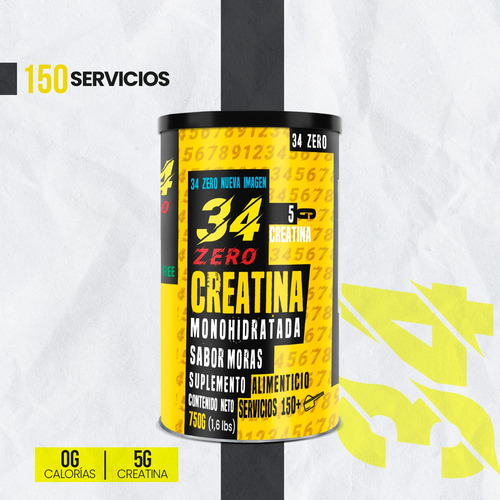 34 Zero Creatina Monohidratada 750g 150 Servicios Sabores Moras