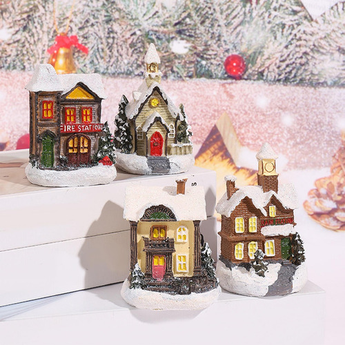 4 Uds Estilo Retro Escena De Navidad Casa Led Miniatura