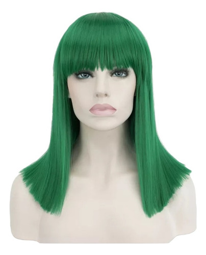 Peluca Melena Verde Esmeralda Cabello Liso Y Fleco Recto Tamaño De La Base Unitalla