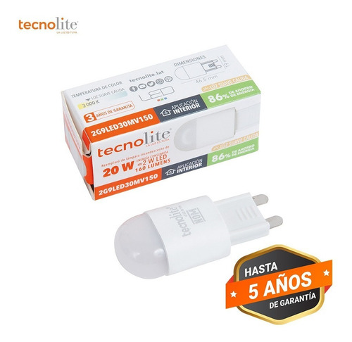 Foco G9 Led Tecnolite, 2w, Luz Suave Cálida, Base G9