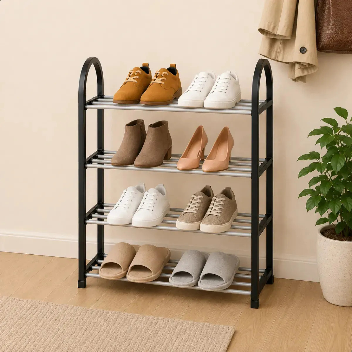 Sapateira Organizador De Calçados 4 Andares Desmontável Slim Preto