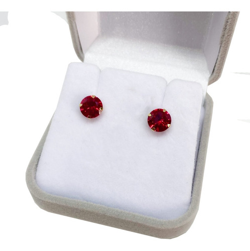 Brincos Vermelho Rubi Pedra Zircônia De 7 Mm  Com Ouro 18k