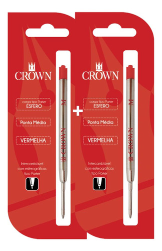 Kit 2 Cargas Para Caneta Crown Esferográfica Tipo Parker Cor 2 Vermelho