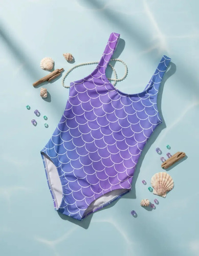 Maiô Infantil Moda Praia Natação Estampado Escamas De Sereia Cor Estampa 01 Tamanho 16
