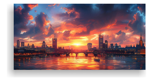 80x40cm Pintura Londres Atardecer Skyline Exuberante Abstrac