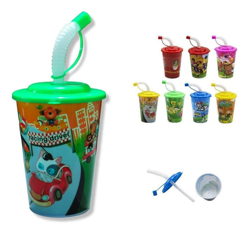10 Vasos De Plástico Mini Con Tapa Y Popote Infantil Fiestas Color Decorado