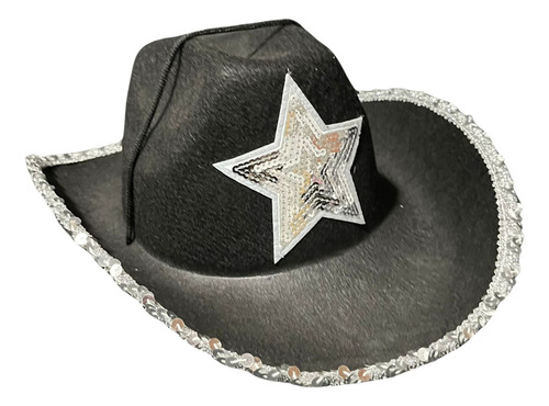 Sombrero Sheriff Estrella Lentejuelas Vaquero Cowboy Texas Color Negro - Estrella Plateada