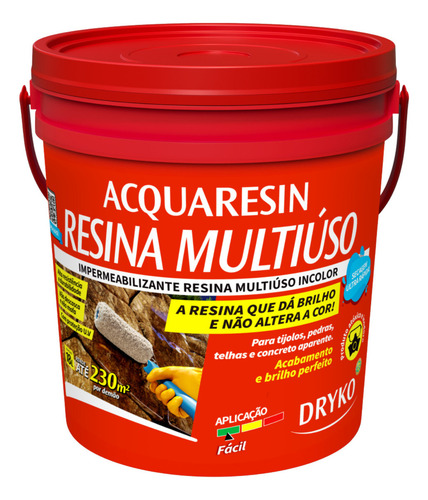 Resina Acrílica Multiuso Base D'agua Impermeabilizante 18kg Rende 230m² Acquaresin Dryko Não Amarela Ambiente Interno E Externo, Secagem Rapida, Leve Brilho