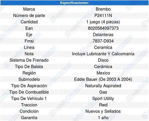 1 Juego Balatas Ceramica Delanteras Expedition 5.4l V8 03-04