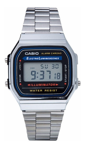 Reloj pulsera digital Casio A-168 con correa de acero inoxidable color plateado - fondo gris/negro/azul
