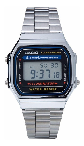 Reloj Pulsera Digital Casio A-168 Con Correa De Acero Inoxidable Color Plateado - Fondo Gris/negro/azul