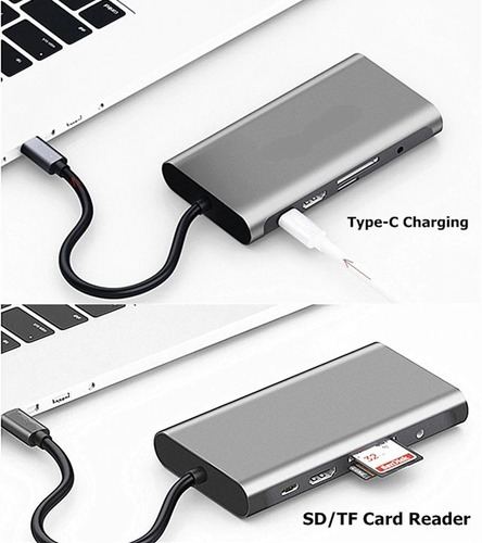 Adaptador Hub Usb Tipo C 10 En 1 Hdmi Usb 3.0 Micro Sd