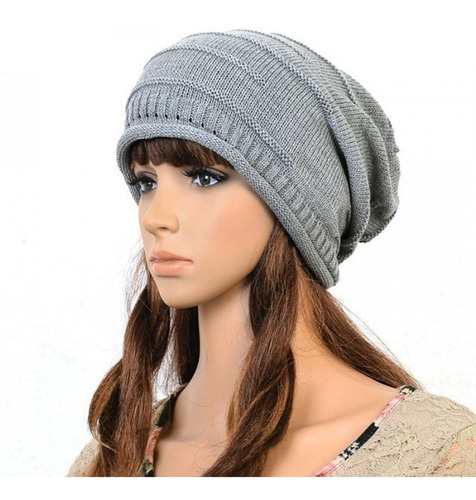 Sombrero Invierno Beanie Largo Gris Mujer