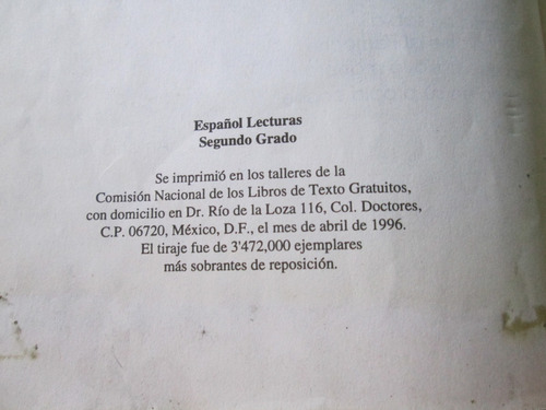 Español Segundo Grado Lecturas, Sep, Año 1996 (Usado)