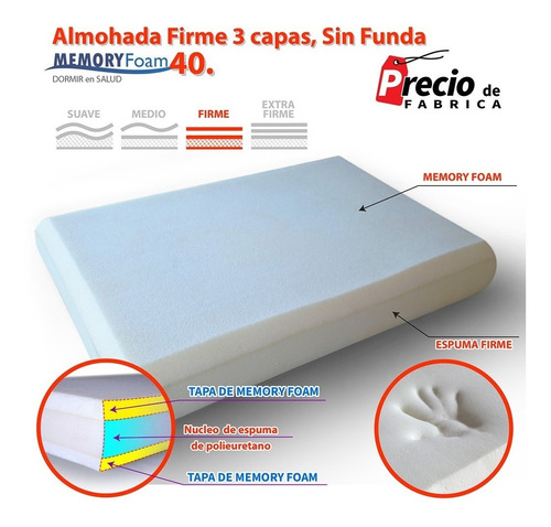 Almohada Firme 3 Capas Con Memory Foam Sin Funda 