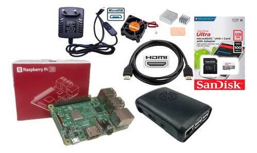 Kit Raspberry Pi3 Pi 3 Model B, Sd 128gb, Fonte Case, Cooler
