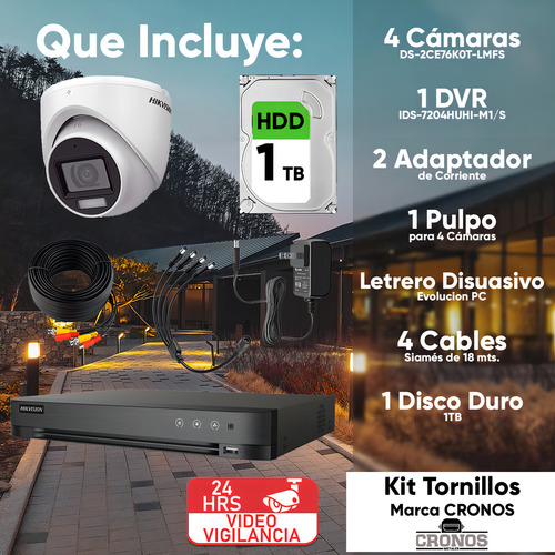 Hikvision Kit De 4 Cámaras De Seguridad Metálicas Turret Con Micrófono Integrado 3k 5mp Dual Light Protección Ip67 Exterior + Dvr 8 Mp 4 Canales Turbohd + 4 Canales Ip + 1tb Hdd Ids2ce76k0t-plus+1tb