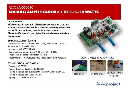Imagen 4 de 6 de Modulo Amplificador 2.1 6+6+20 Watts Con Vol - Audioproject