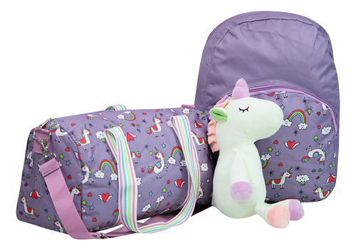 Set Mochila, Bolso Y Peluche Morado De Unicornio Para Niña