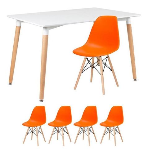 Kit Mesa Jantar Eames Retangular 120 X 80 Cm 4 Cadeiras Dsw Cor da tampa Mesa branco com cadeiras laranja