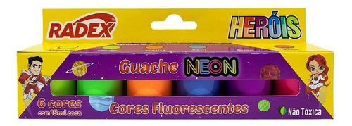 Tinta Guache Neon Fluorescente Com 6 Cores 15ml Radex Heróis