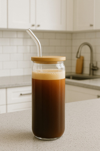 Vaso Con Sorbete De Vidrio Y Tapa Hermética De Bambú 580ml Color Transparente