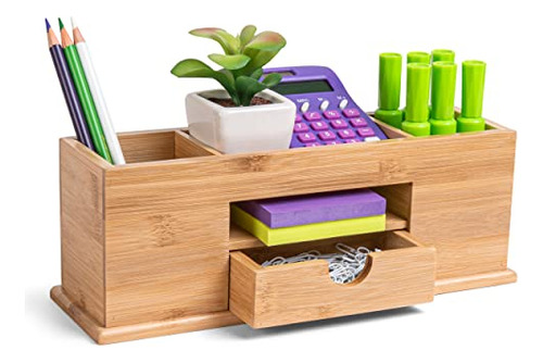 Small Bamboo Caddy Desk Organizer And Storage With Draw...