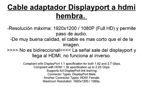 Imagen 2 de 8 de Cable Adaptador Displayport Dp A Hdmi Hembra 1080p Emn